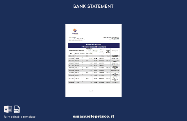 modello Excel di estratto conto bancario Awash Etiopia in stile verificato